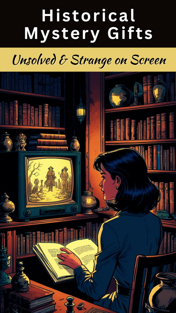 Graphic novel style illustration of a woman watching a historical mystery documentary on an old television in a cozy study filled with antique books, inspired by weird history gifts and strange unsolved stories.