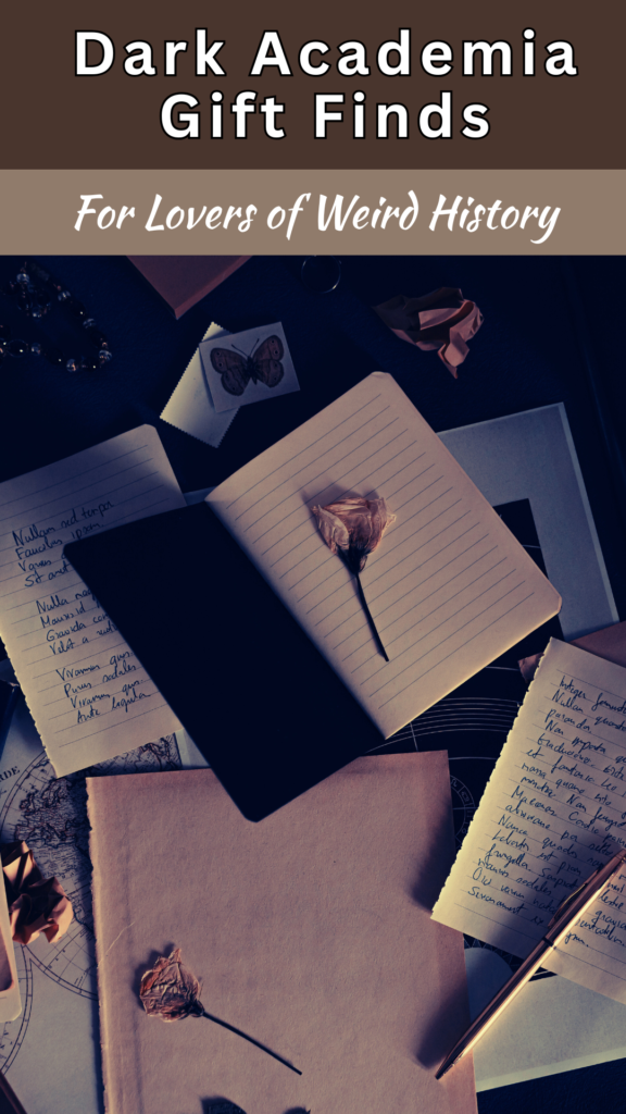 Vintage dark academia study desk with open notebook, handwritten notes, dried roses, antique maps, and stationery accessories, styled as weird history gifts for lovers of old-world research aesthetics.